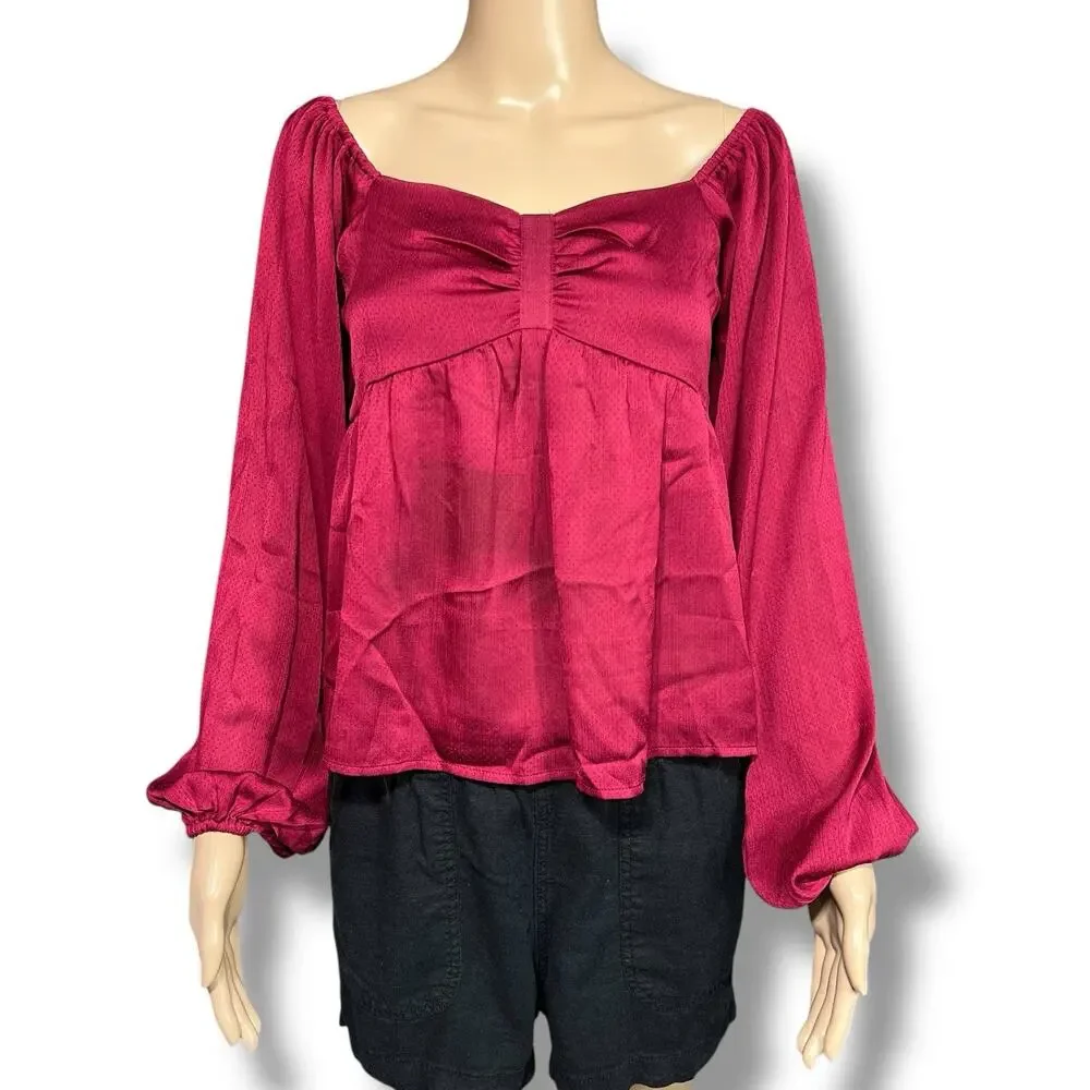 Davi & Dani Womens Satin Blouse Shirt Top Smocked Square Neck Balloon Sleeve Red